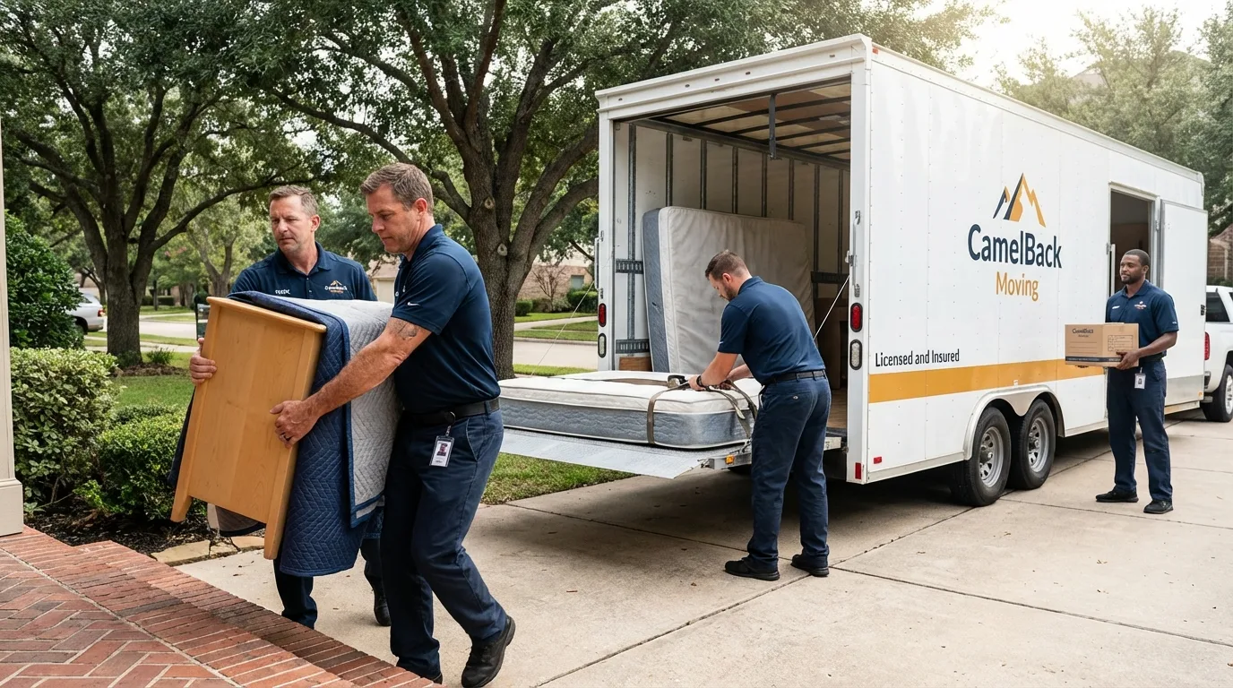 Crew loading residential truck for cross-state move from Anson, TX