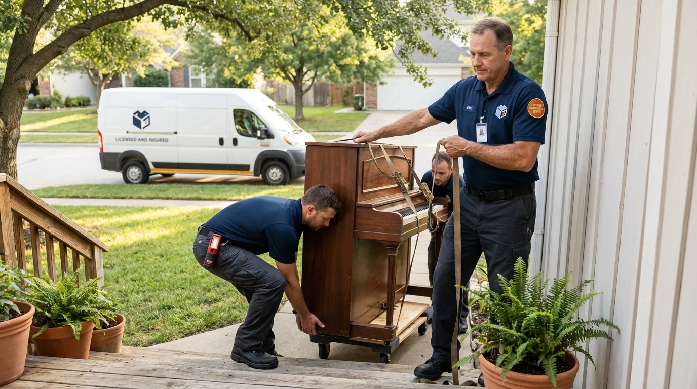 Licensed piano movers securing grand piano in Anson, TX