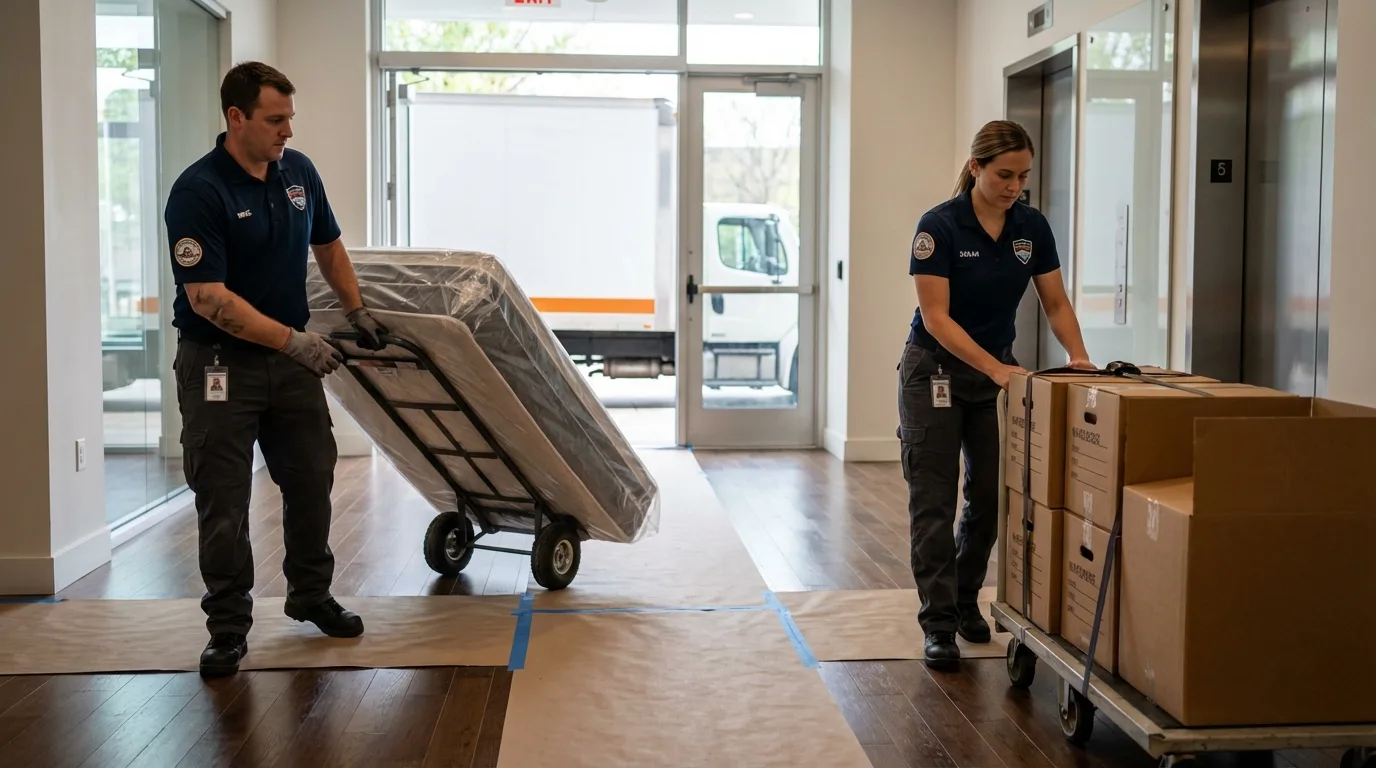 Professional apartment movers loading elevator in Anson, TX