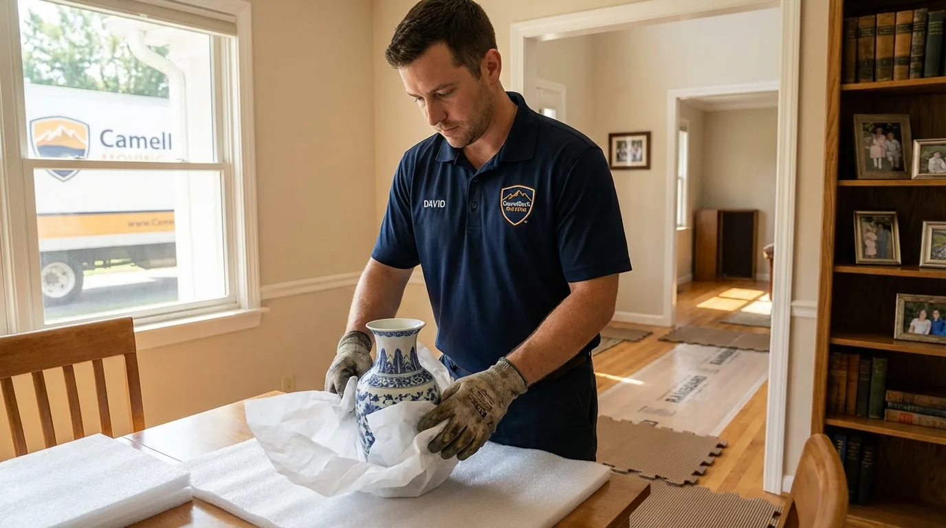 Professional crew carefully wrapping antique vase for senior downsizing move in Anson, TX